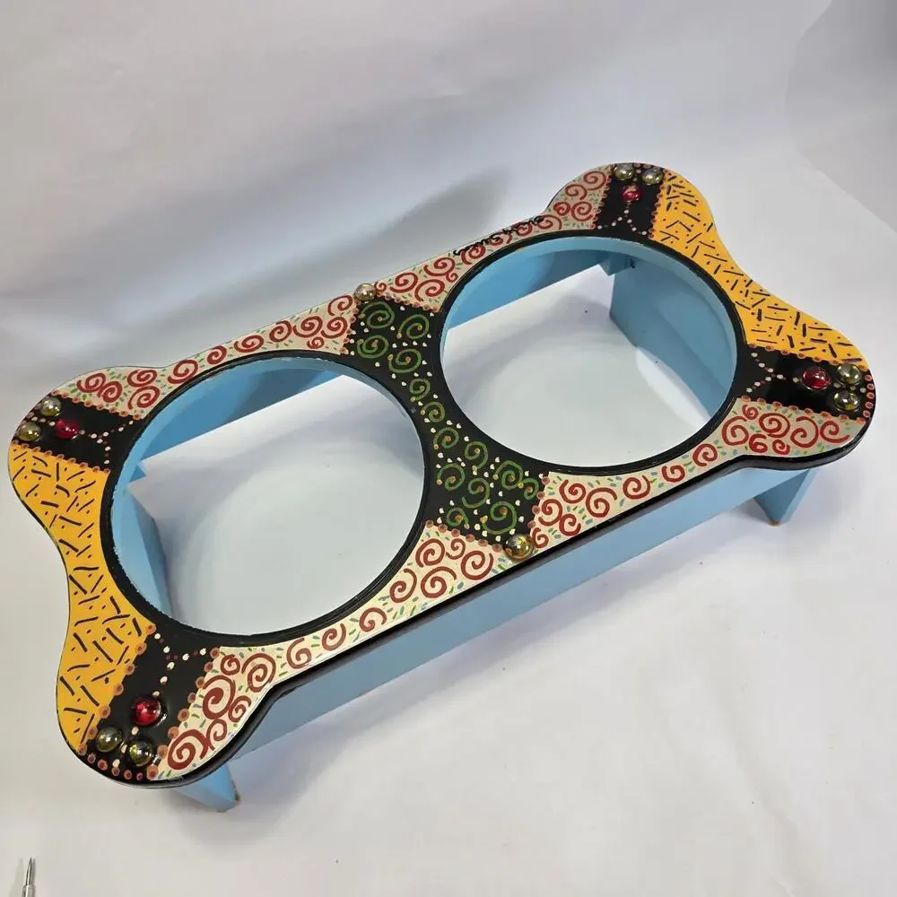 Hand-Painted Bone Shape Dog Feeder Stand Colorful Dual Bowl Holder Decor